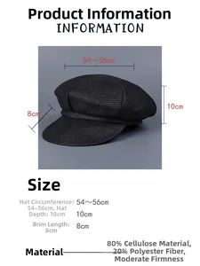 Size chart for black newsboy cap showing 54-56cm circumference and material specs