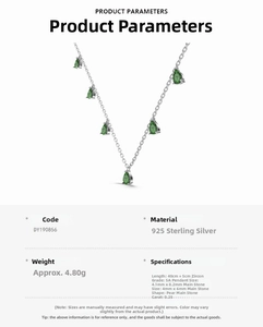 Detail specifications of S925 silver necklace with pear-shaped green zircons
