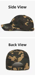 Detail view of U.S. ARMY embroidery and adjustable metal buckle on camouflage cap