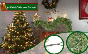 Detail of 180cm artificial Christmas garland with dense needles on a fireplace
