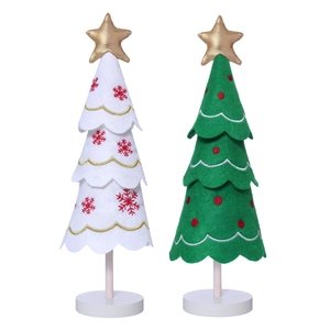 Set of 2 fabric Christmas tree ornaments with embroidery stars and wooden base