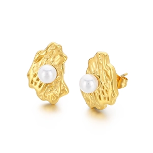 Golden irregular texture stud earrings with white pearls on a clean white background