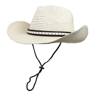 Straw cowboy hat in cream with star-decorated band and adjustable chin strap