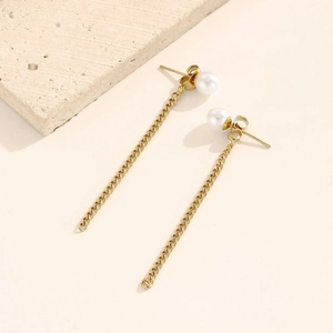 Stainless Steel Long Chain Tassel Artificial Pearl Drop Earrings Elegant Minimalist Fashion Jewelry For Women