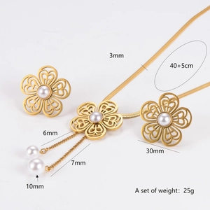 Stainless Steel Artificial Pearl Hollow Flower Tassel Necklace And Earrings 18K Gold Plated Fashion Jewelry For Women