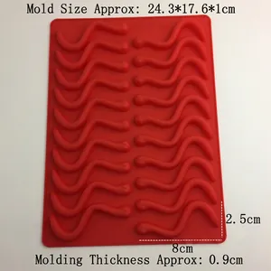 Detailed top view of 20-cavity red silicone snake mold with precise size measurements