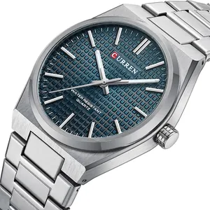Curren business quartz watch for men featuring blue textured dial and stainless steel band