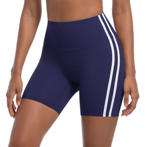 Close-up of high-waisted navy biker shorts with side white stripes for fitness