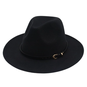 Detail of classic black wool felt jazz hat featuring a stylish belt with golden buckle