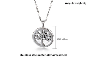 Macro shot of 25mm tree of life hollow pendant made of polished stainless steel