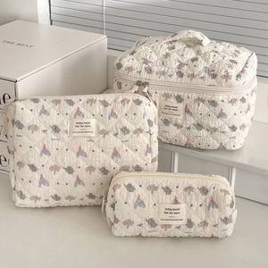 Quilted Cotton Cosmetic Bag Elephant Print Cute Travel Makeup Organizer Portable Wash Pouch For Women