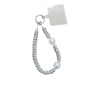 Luxe silver spiral beaded phone strap with iridescent beads and white faux pearls