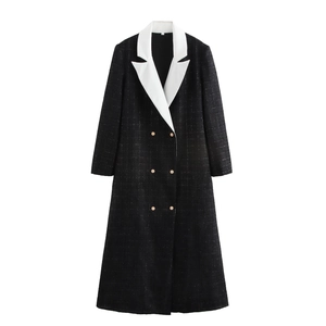 Manteau Blazer Long En Tweed Pour Femmes Couleur Contrastée Revers Croisé Élégant Avec Boutons Dorés
