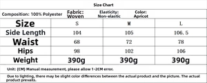 Size chart showing polyester fabric details and measurements for the slit top and pants set