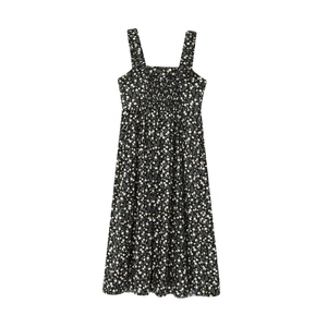 Floral print A-line midi dress with smocked square neck and wide straps on white background