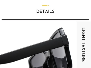 Detail view of durable black square sunglasses hinges and light texture frame quality