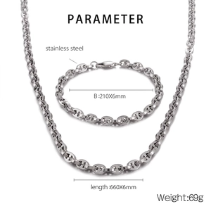 Polished stainless steel 6mm sailor chain necklace and bracelet set with lobster clasp