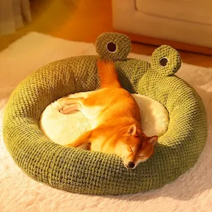 Schattig Huisdierbed In De Vorm Van Een Kikker Warm Zacht Bubbelfluweel Kattennest Wasbaar Antislip Rond Hondenhuis Slaapkussen