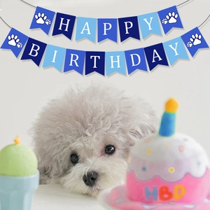 Blue Happy Birthday banner for pet dog parties featuring cute paw prints and a dog