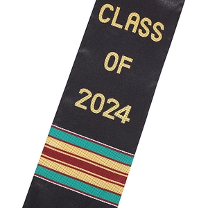 Close-up of Class of 2024 black satin graduation sash with golden text and tassels