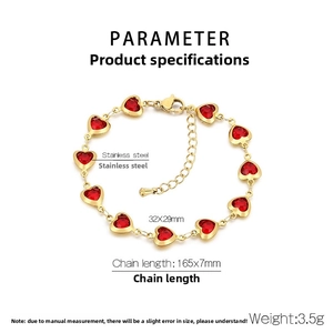 Detail of stainless steel gold chain bracelet with red heart charms and sizing specs