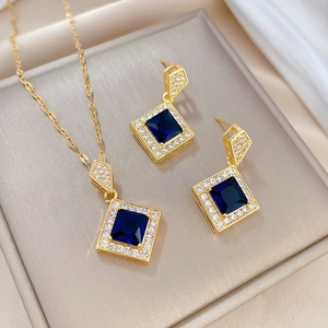 Titanium steel jewelry set with blue rhombus pendants and sparkling micro-inlay stones