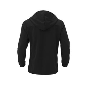 Back view of classic men's slim fit hooded trench coat in solid black fabric