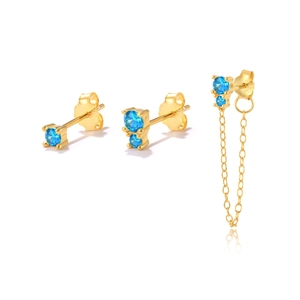 Three-piece gold-plated S925 sterling silver earring set with blue zircon tassels