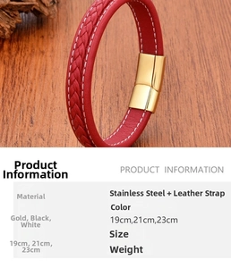 Detail of red braided leather bracelet with a polished gold stainless steel magnetic clasp