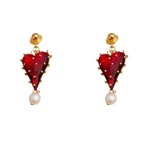 Elegant red tassel earrings with gold enamel finish and pearls on a white background