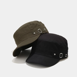 Classic cotton cadet caps in black and olive green with decorative side metal buckles