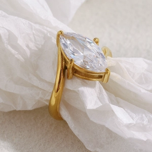 Luxurious 18K gold plated stainless steel ring with a large marquise cut zircon gemstone