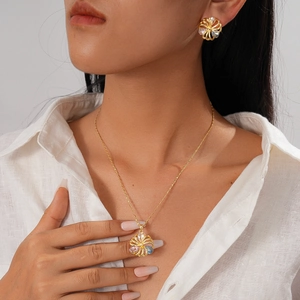 Hollow Vortex Flower Necklace And Earrings 18K Gold Plated Copper Multi Color Zircon Silver Earring Post Vintage Luxury