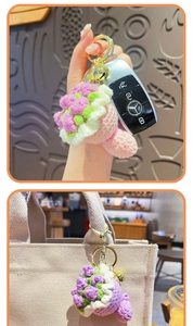 Handmade crochet tulip flower bouquet keychain with gold ring for bag decoration