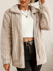 Women Fuzzy Fleece Jacket Striped Texture Zip Up Long Sleeve Lapel Casual Autumn Winter Coat