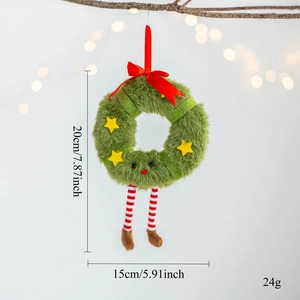 Detail of plush gingerbread man wreath with red striped legs and 20cm height specs