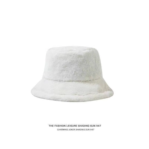 Detailed view of the soft white faux rabbit fur texture on this plush winter bucket hat