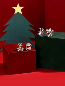 Detailed view of Christmas stud earrings featuring reindeer and snowflake with rhinestones