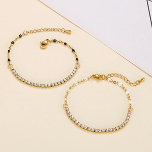 Stainless Steel Tennis Bracelet With Colorful Enamel Beads And Sparkling Zirconia Adjustable Geometric Chain For Women