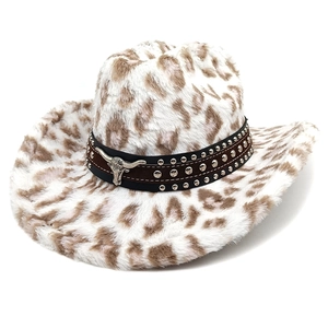 Winter faux leopard fur western cowboy hat with wide brim and silver bull head emblem