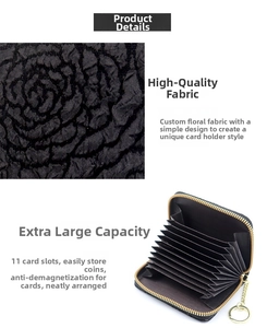 Detail of accordion card holder with 11 slots and 3D floral texture fabric