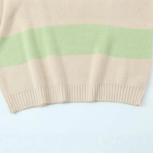 Off-shoulder striped knit sweater with bow ties and ribbed hem in beige and green
