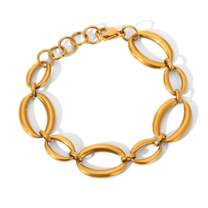 Minimalist gold stainless steel bracelet with hollow oval links on white background