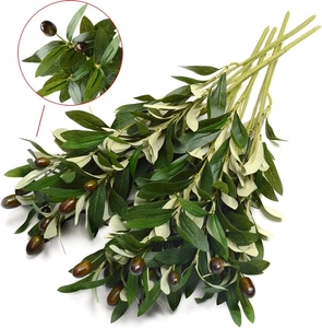 Detail of faux olive branches with green silk leaves and deep purple berries on white base