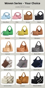 Detailed grid showing woven leather tote bags in various colors and hobo styles