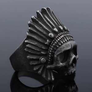 Gothic punk skull ring with Indian war bonnet in aged stainless steel finish