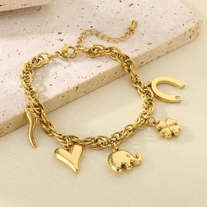 18K gold-plated stainless steel chain bracelet with heart and floral charm pendants