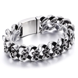 Gothic punk men's stainless steel skull link bracelet with engraved clasp closure