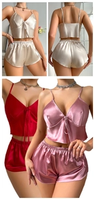 Detail of satin pajama set featuring V-neck camisole top and matching elastic waist shorts