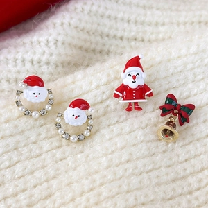 Asymmetric Santa Claus and bell stud earrings set with red enamel and rhinestones